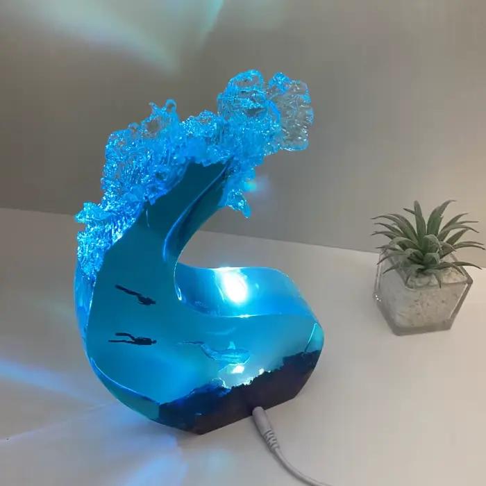 Lampe d'ambiance LED en résine et bois, motif requin baleine et vague océanique, veilleuse décorativ