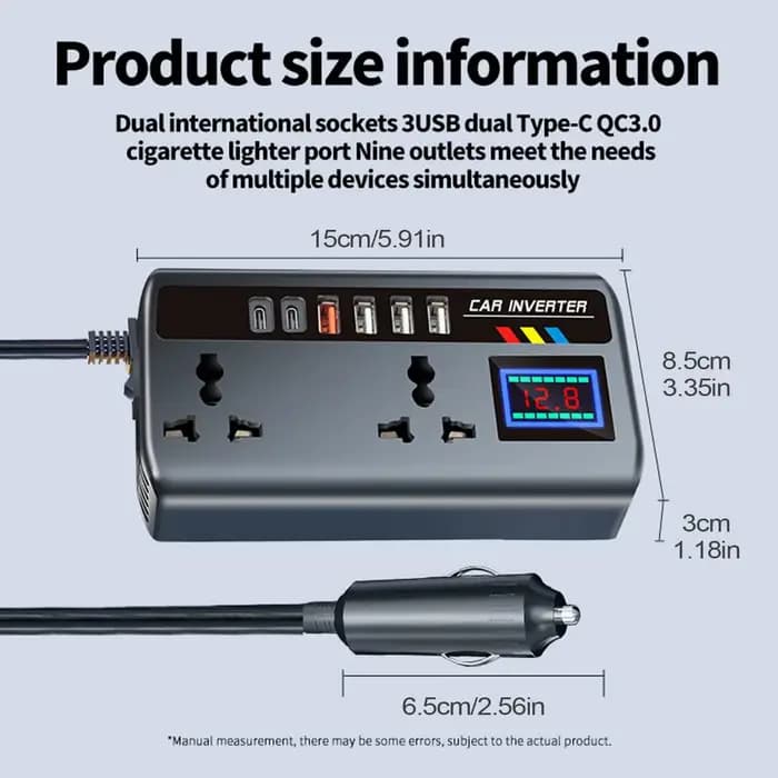 Convertisseur pour prise de voiture pour voiture 12V/24V à 220V, Ports de charge rapide, chargeur au