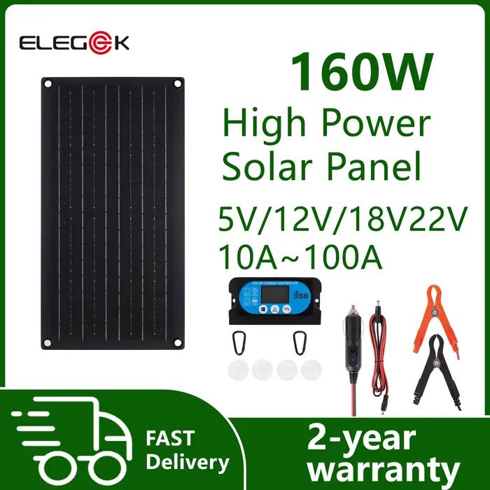 ELEGEEK Panneau Solaire Monocristallin Flexible 16W-160W USB 5V DC 12V avec Contrôleur 60A Type-C po