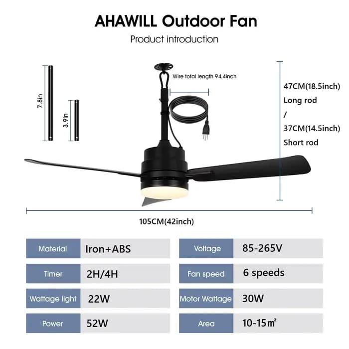 Ventilateur de plafond avec éclairage LED, ventilateur de plafond intérieur/extérieur à brancher san