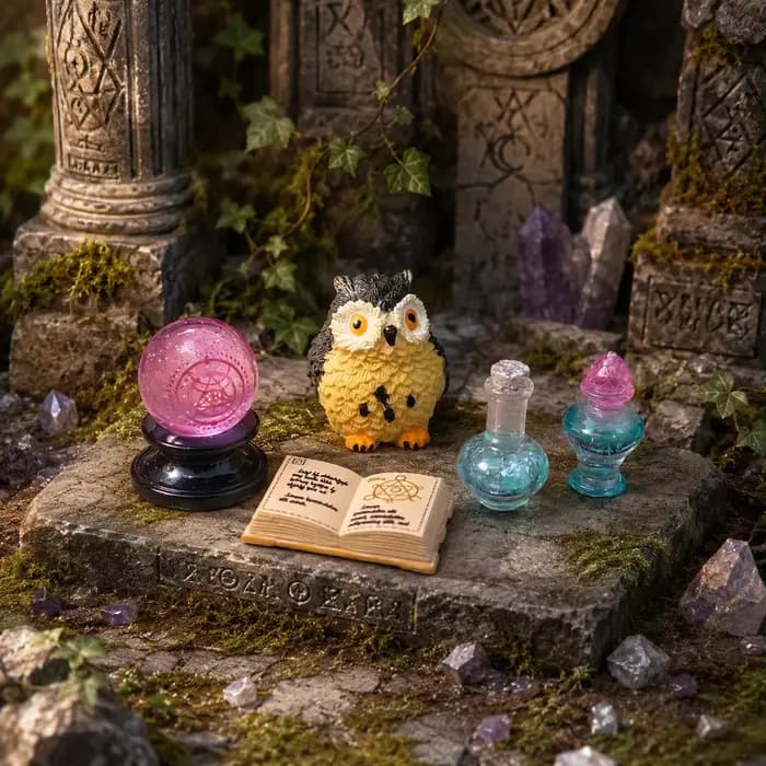 Mini kit de divination magique avec boule de cristal, hibou, flacon de potion, livre de sorts et acc