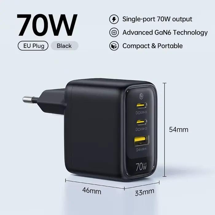 Chargeur rapide Baseus 70W Type C USB compatible QC PD PPS 65W, chargeur portable pour iPhone 17 16 