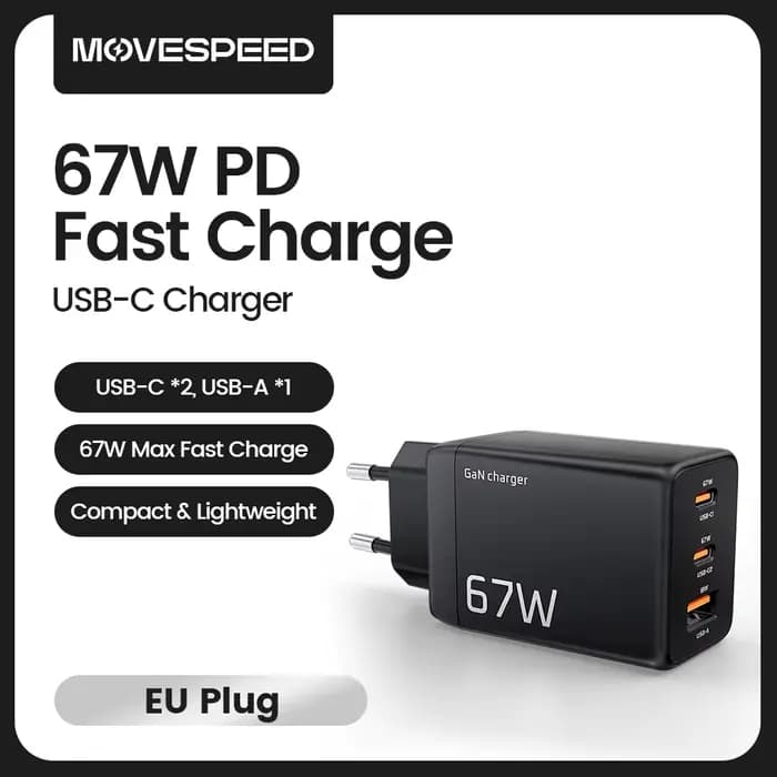 MOVESPEED 67W USB-C chargeur charge rapide 65W PD Type C PPS GaN chargeur adaptateur pour iPhone 16 