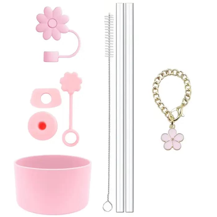 Accessoires de Tasse pour Stanley, Ensemble de 9, 2 Pailles et Brosse et 1 Breloque Fleur JO3, Bouch
