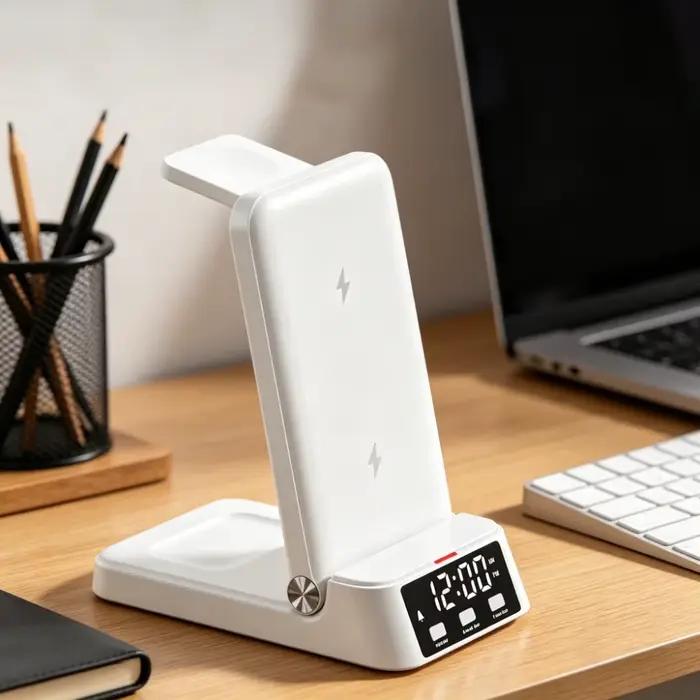 Station de charge rapide 4-en-1 pliable avec réveil et support de téléphone pour iPhone 17~12, Apple