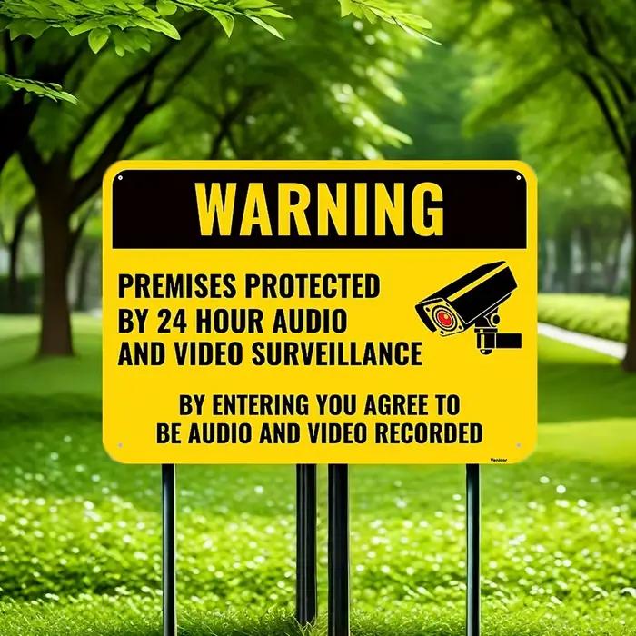 Panneau d'avertissement de vidéosurveillance audio 24/7, avis de sécurité mural en métal avec icône 