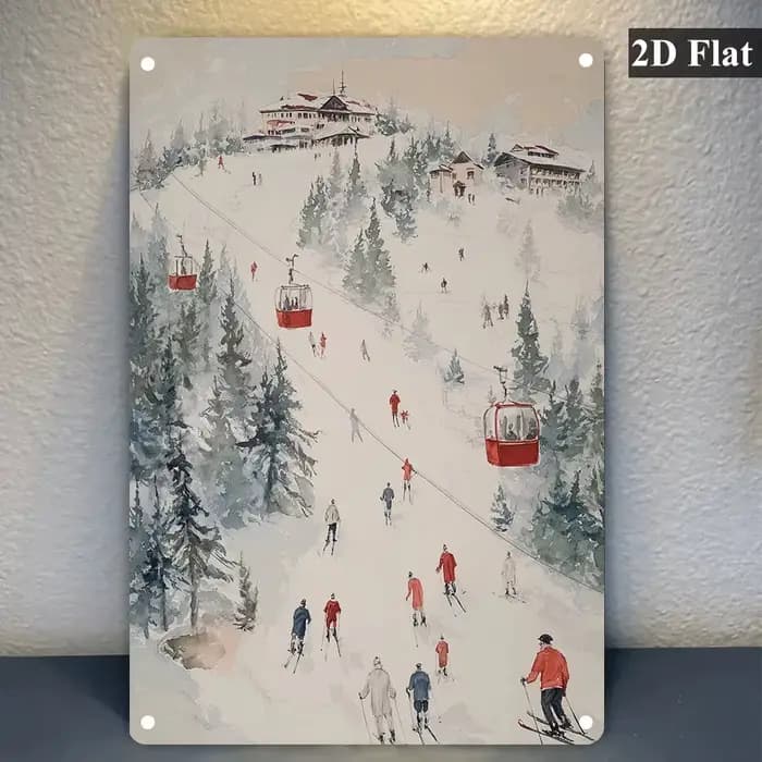 Art mural en métal vintage de station de ski d'hiver 2D plat, 1 pièce - Design de remontée et de pis