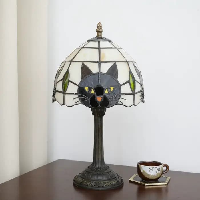 Lampe de table en verre teinté style Tiffany, chat noir mignon, décoration de chambre à coucher, sal