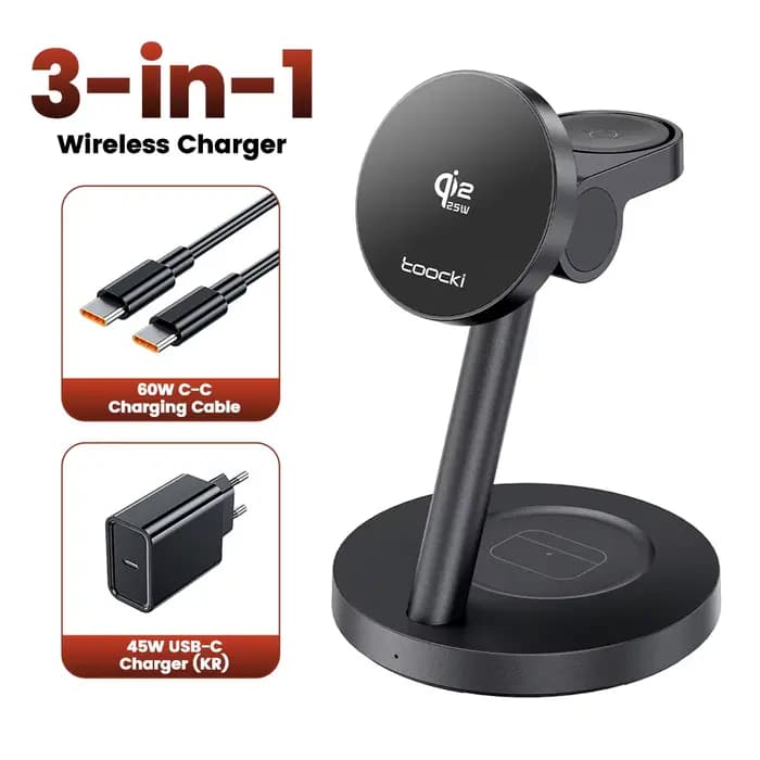 Chargeur sans fil magnétique Toocki Qi2.2 25W à charge rapide 3-en-1 pour iPhone 15 16 17, Apple Wat