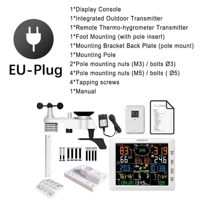 MASTFUYI Station Météo Wi-Fi 7 en 1 avec Écran Couleur 8 Pouces et Capteur Extérieur Solaire Sans Fi