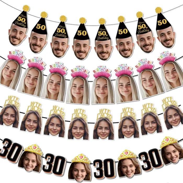 1 ensemble 8 pièces bannière Photo d'anniversaire personnalisée bannière de banderole Photo de visage personnalisée pour faveurs de fête d'anniversaire adulte bannière d'anniversaire