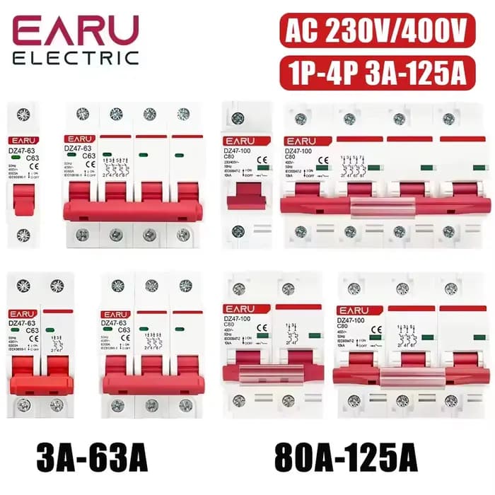 Disjoncteur miniature (MCB) 1P 2P 3P 4P DZ47 3A-125A AC 230V 400V Type C, protection contre les surcharges et les courts-circuits, montage sur rail DIN, capacité de coupure