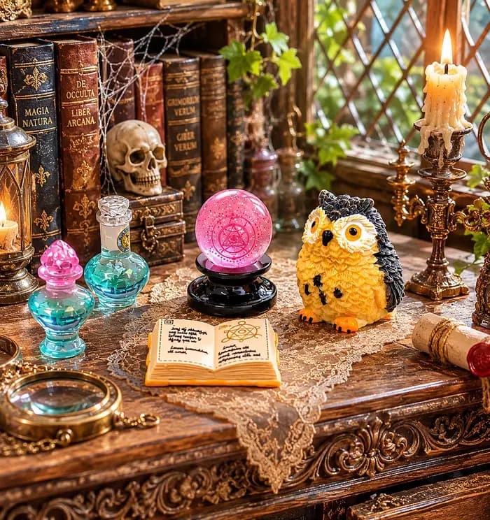 Mini kit de divination magique avec boule de cristal, hibou, flacon de potion, livre de sorts et accessoires de scène d'étude de sorcier pour maison de poupée