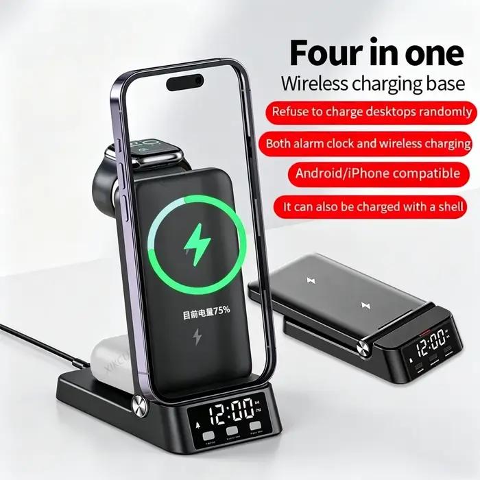 Station de charge rapide 4-en-1 pliable avec réveil et support de téléphone pour iPhone 17~12