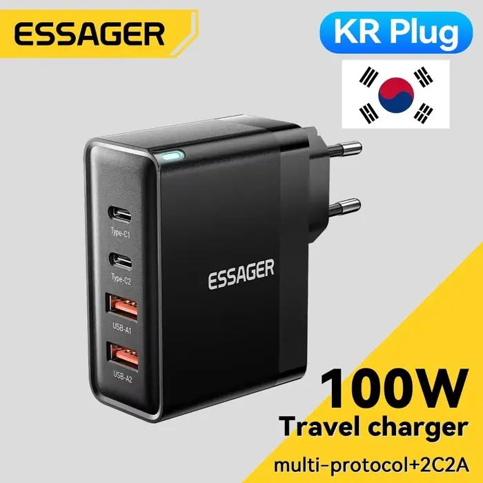 Essager 100W US/KR prise USB Type C GaN chargeur pour ordinateur portable Macbook PD Charge rapide pour iPhone 16 15