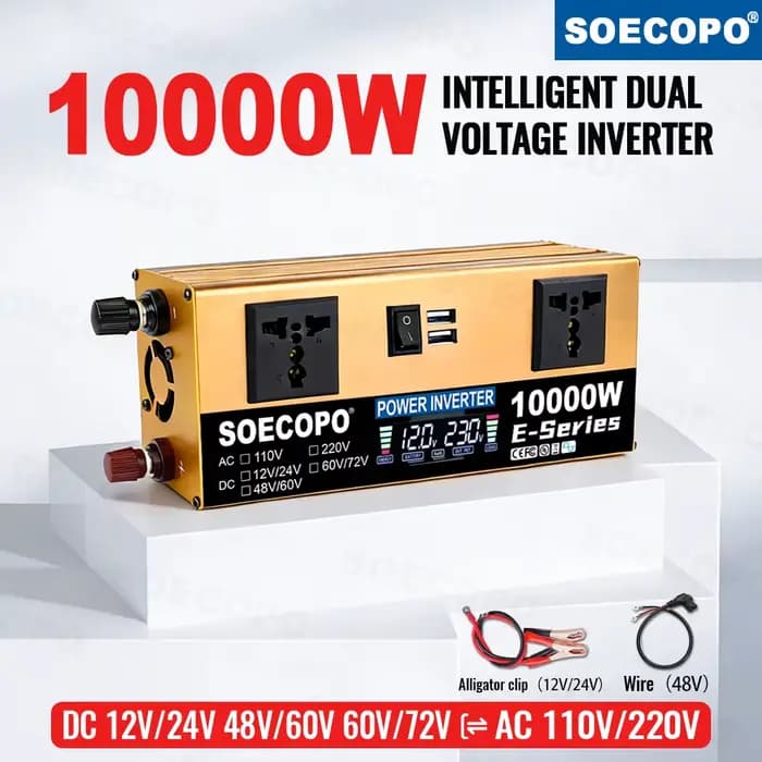 Convertisseur de puissance 10000W 12V24V/48V/60V/60V72V 220V pour réfrigérateur/lave-linge avec 2 prises AC pour système solaire, ateliers