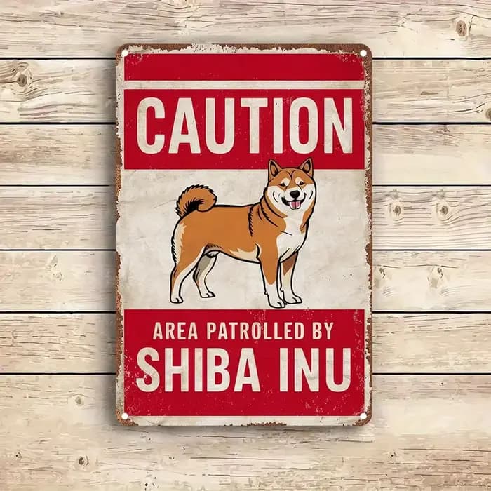 Décoration de chambre, panneau en aluminium d'inspiration vintage, « Attention, zone surveillée par un Shiba Inu » - Impression haute définition, métal durable pour mur