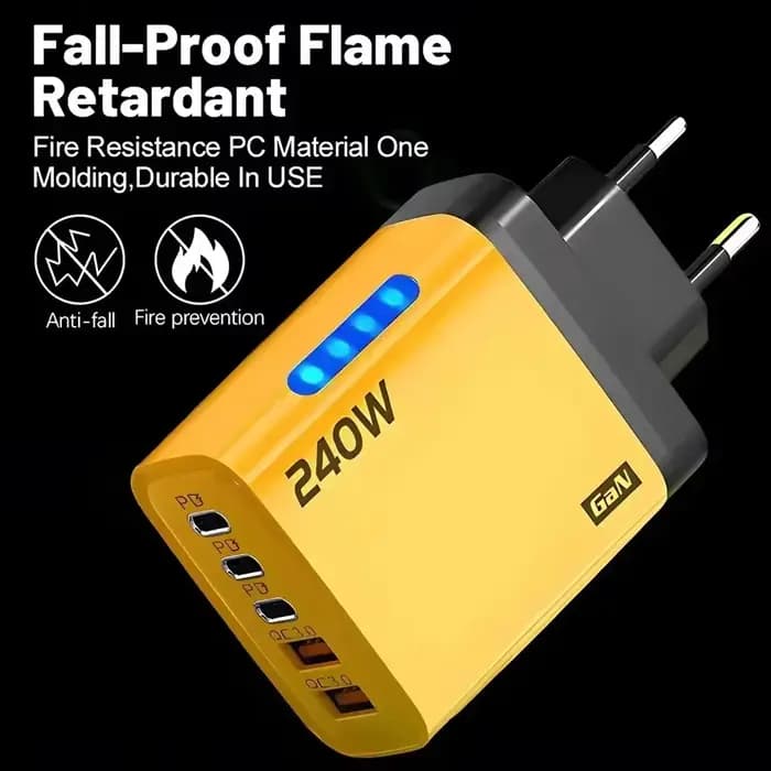 Chargeur rapide 240W GaN avec lumière LED 5 en 1, 2 USB + 3 Type-C, chargeur multi-ports pour iPhone 15-17 Series, Samsung, Huawei, Xiaomi 15