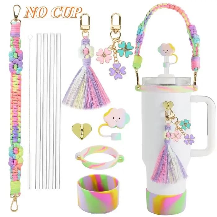Accessoires de bouteille d'eau et de tasse pour Stanley, ensemble d'accessoires de tasse, capuchon de paille fait à la main, étui à breloques, chaîne pendentif, couvercle de tasse, cadeau de fête