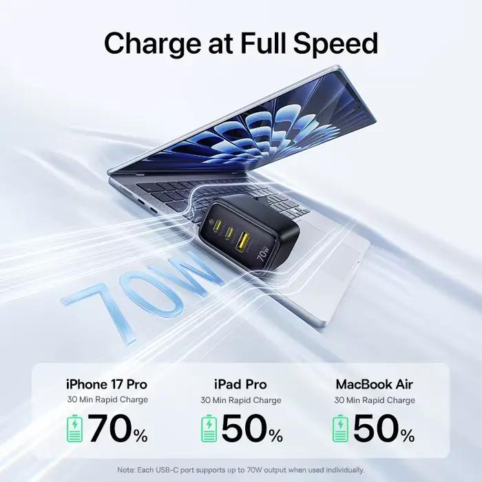 Chargeur rapide Baseus 70W Type C USB compatible QC PD PPS 65W, chargeur portable pour iPhone 17 16 15, chargeur pour ordinateur portable Macbook Air