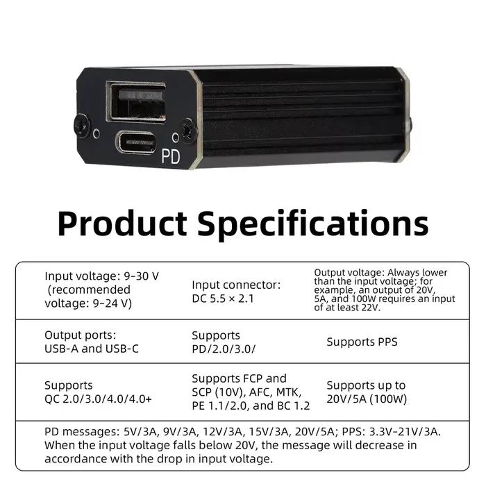 Module de charge rapide haute puissance PD 100W, chargeur de voiture de type Buck DC 9V-24V avec condensateur à semi-conducteurs pour PC ou appareil haute puissance