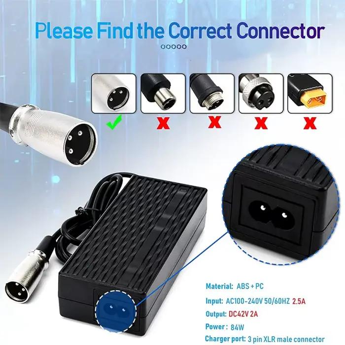 Chargeur de vélo électrique 42V XLR 3 broches pour pneus larges Swagtron EB6