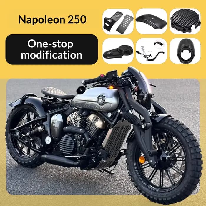 【Premium】 Accessoires de modification tout-en-un pour Napoleon 250 : échappement, protection anti-brûlure, siège double pliable, garde-boue, pare-brise arrière, draina