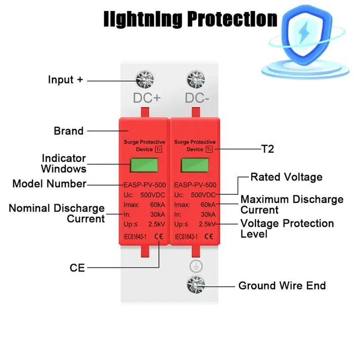 Parafoudre bipolaire CC 500V 800V 1000V 20KA 30KA 40KA 60KA pour protection contre les surtensions