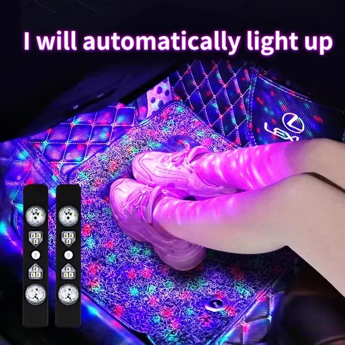 Éclairage d'ambiance automobile, LED sans fil à détection automatique, commande vocale colorée, décoration intérieure, éclairage de sol sans câblage