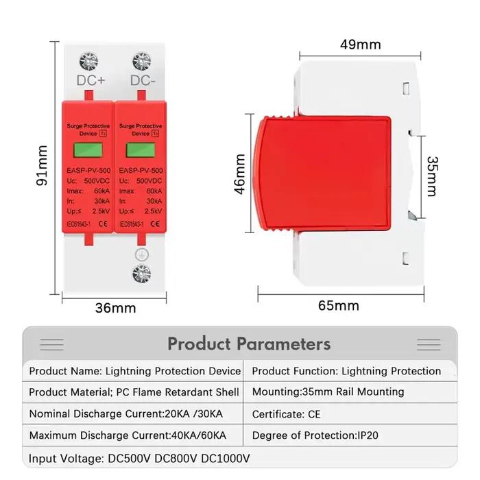 Parafoudre bipolaire CC 500V 800V 1000V 20KA 30KA 40KA 60KA pour protection contre les surtensions