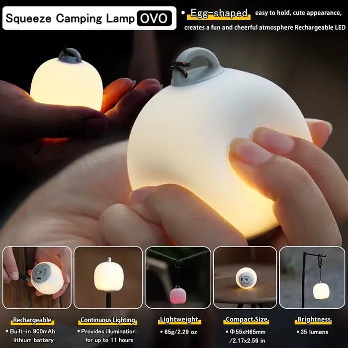 Soomloom Lanterne de camping LED rechargeable Lampe à presser en forme d'œuf mignon Lampe en silicone souple à 3 modes pour une utilisation en extérieur et une ambiance confortable