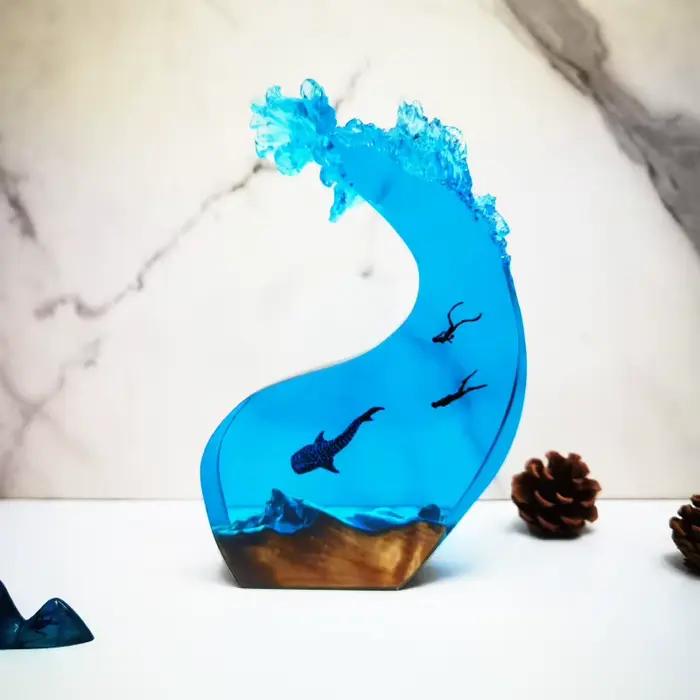Lampe d'ambiance LED en résine et bois, motif requin baleine et vague océanique, veilleuse décorative, cadeau de Noël