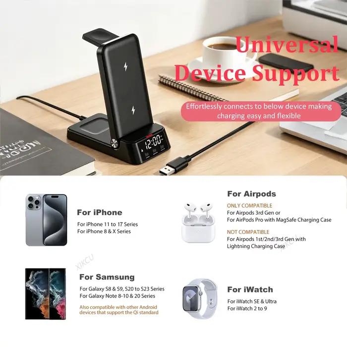 Station de charge rapide 4-en-1 pliable avec réveil et support de téléphone pour iPhone 17~12