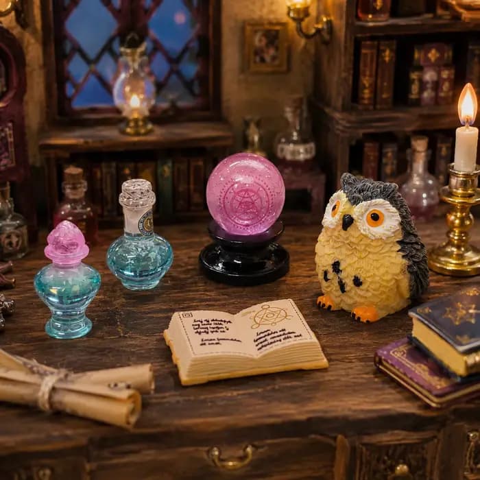 Mini kit de divination magique avec boule de cristal, hibou, flacon de potion, livre de sorts et accessoires de scène d'étude de sorcier pour maison de poupée