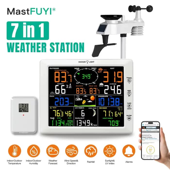 MASTFUYI Station Météo Wi-Fi 7 en 1 avec Écran Couleur 8 Pouces et Capteur Extérieur Solaire Sans Fil avec Alertes pour Température et Humidité