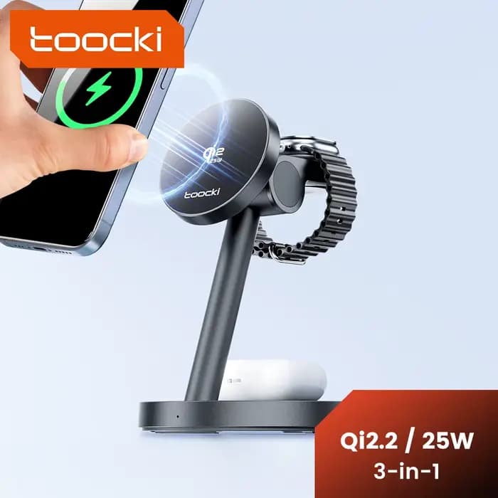 Chargeur sans fil magnétique Toocki Qi2.2 25W à charge rapide 3-en-1 pour iPhone 15 16 17, Apple Watch et écouteurs