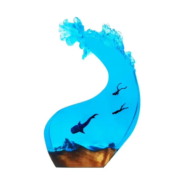 Lampe d'ambiance LED en résine et bois, motif requin baleine et vague océanique, veilleuse décorative, cadeau de Noël