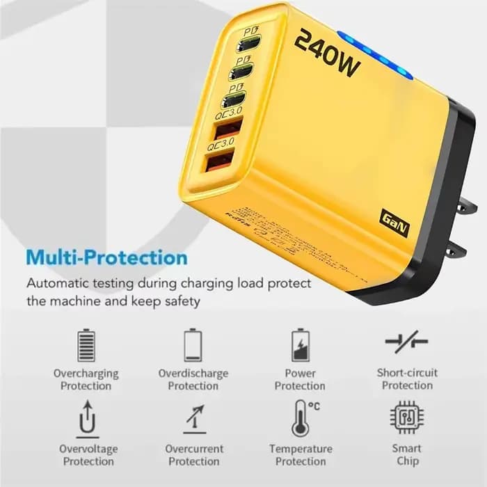 Chargeur rapide 240W GaN avec lumière LED 5 en 1, 2 USB + 3 Type-C, chargeur multi-ports pour iPhone 15-17 Series, Samsung, Huawei, Xiaomi 15