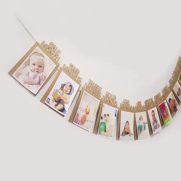 【P】Bannière photo pour anniversaire de bébé de 12 mois, cadre photo avec pinces pour l'anniversaire du bébé, décoration de fête d'anniversaire de mariage
