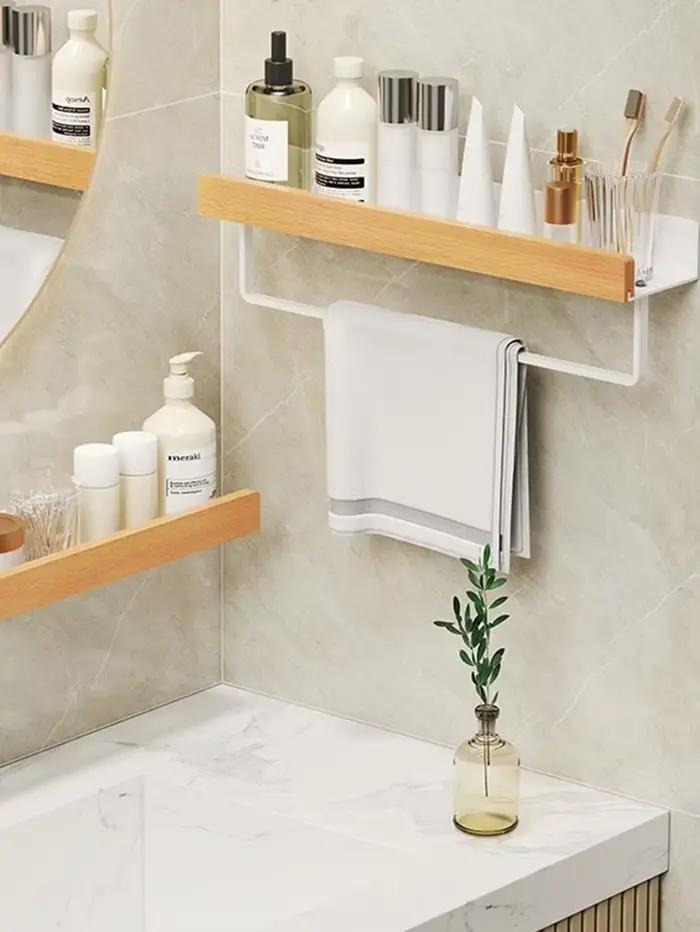 Étagère murale en bois pour salle de bain, supports de rangement de cuisine sans perçage, accessoires de cuisine et de salle de bain imperméables et résistants à l'humidité