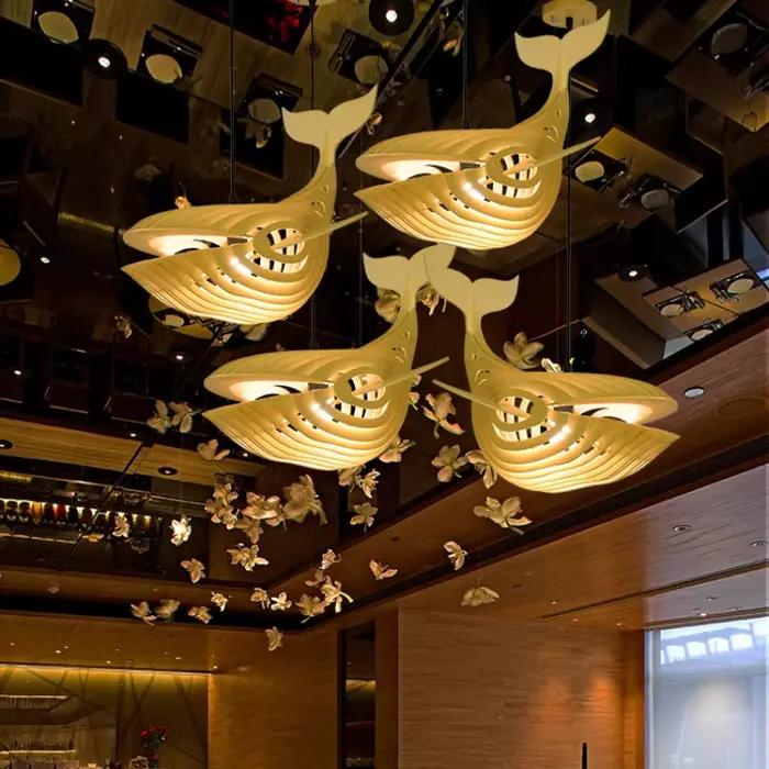Grande lampe à suspension en forme de poisson en bois E27 suspension en forme de baleine en bois pour chambre d'enfants barre de Sushi japonaise conception de lustre Unique