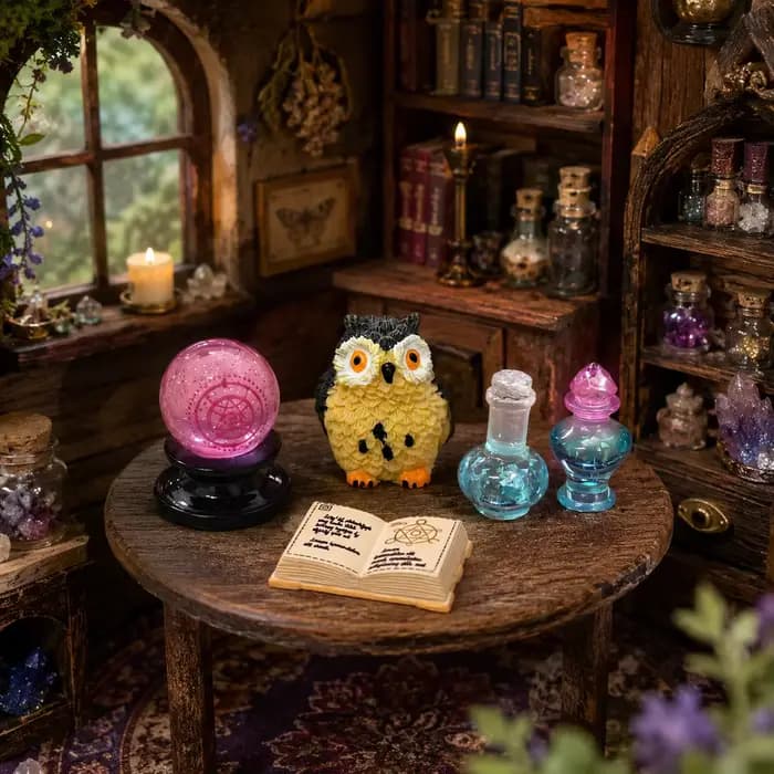 Mini kit de divination magique avec boule de cristal, hibou, flacon de potion, livre de sorts et accessoires de scène d'étude de sorcier pour maison de poupée
