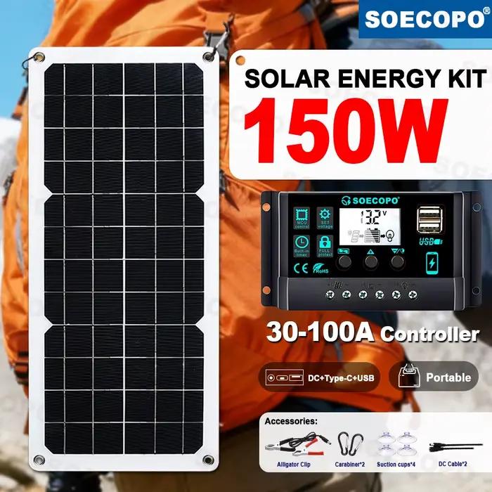 SOECOPO Kit de panneaux solaires monocristallins 150 W avec contrôleur LCD 30-100 A pour camping/camping/alimentation d'urgence