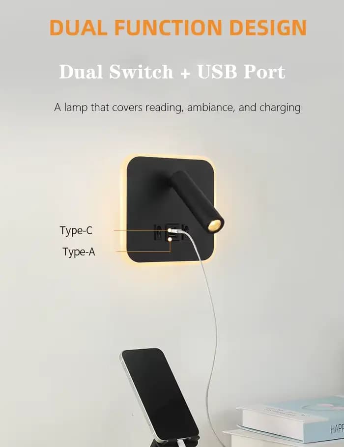 Applique murale LED multifonctionnelle contemporaine avec interrupteur, lampe de lecture réglable moderne, ports de charge USB pour chambres et bureaux