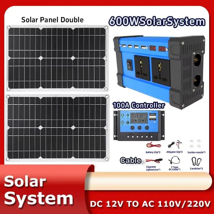 Kit de générateur solaire double 6000 W – Panneaux pliables 2x600 W + 100 A MPPT et onduleur sinusoïdal pur (110 V/220 V)