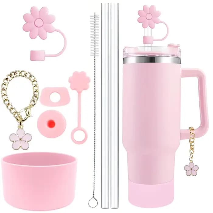 Accessoires de Tasse pour Stanley, Ensemble de 9, 2 Pailles et Brosse et 1 Breloque Fleur JO3, Bouchon de Déversement, Couvercle de Paille