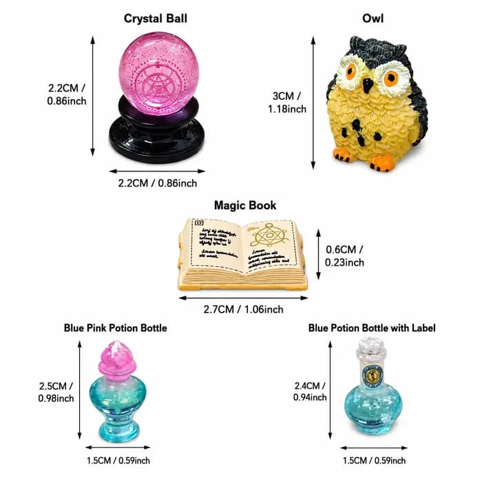 Mini kit de divination magique avec boule de cristal, hibou, flacon de potion, livre de sorts et accessoires de scène d'étude de sorcier pour maison de poupée