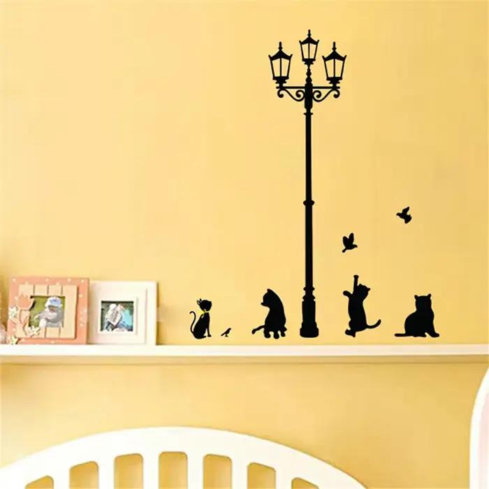 Lampe de prairie populaire bricolage, autocollant mural créatif, chats et oiseaux, dessin animé, décoration d'intérieur