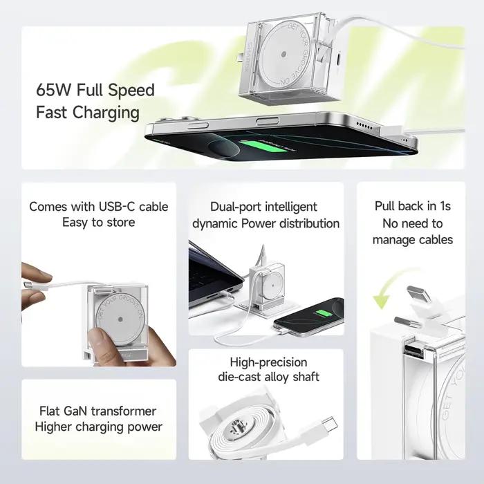Chargeur GaN SHARGE 65W PD3.0 Type C QC3.0 2.0 Charge rapide Câble USB-C intégré de 70 cm pour iPhone16 MacBook iPad Pro