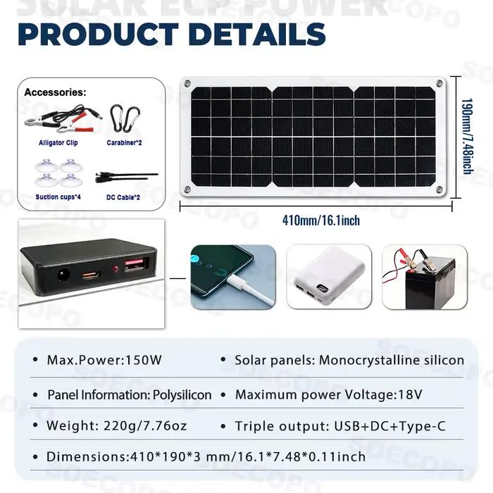 SOECOPO Kit de panneaux solaires monocristallins 150 W avec contrôleur LCD 30-100 A pour camping/camping/alimentation d'urgence